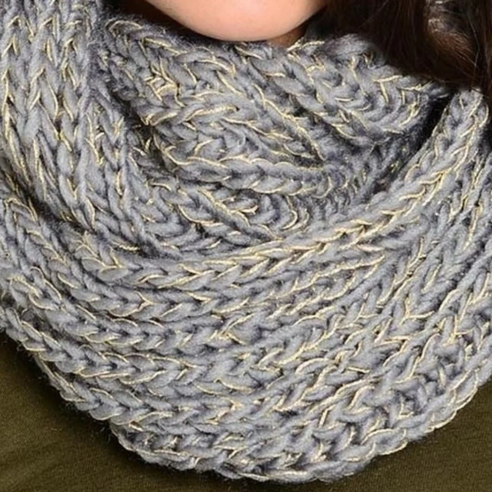 Gray Knit with Gold thread infinity winter scarf - Picture 2 of 2